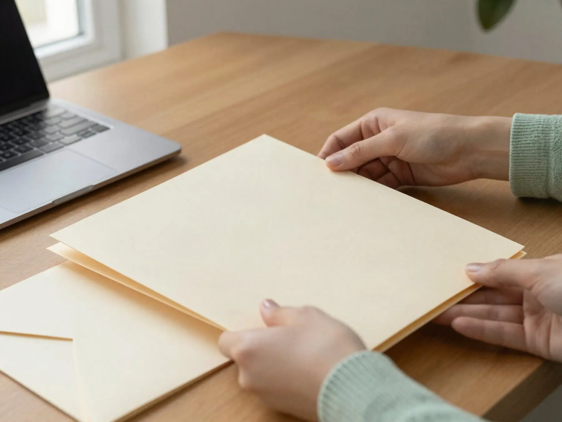 Hands organising papers into a document folder on a desk