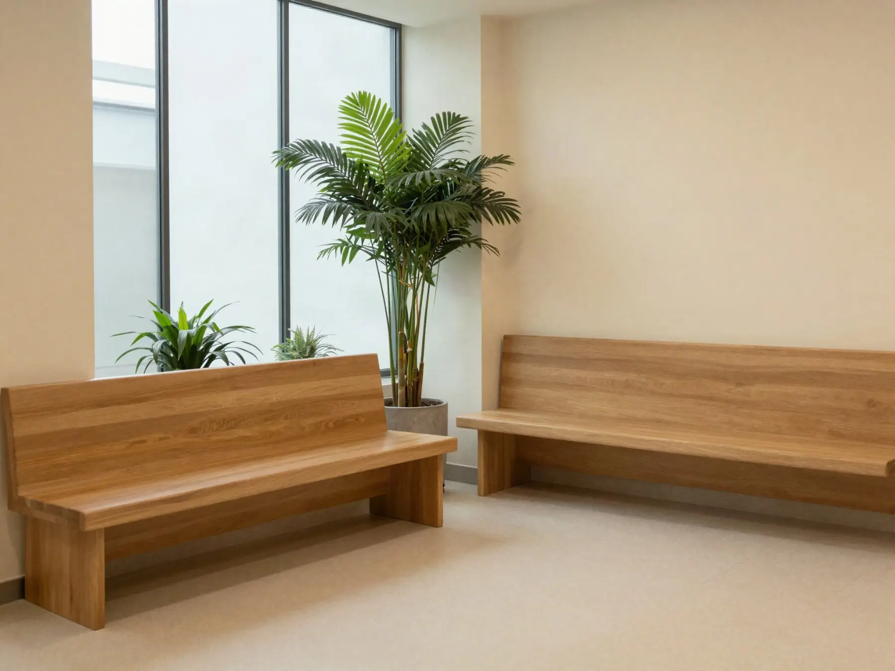 A quiet waiting area with wooden benches, plants and daylight